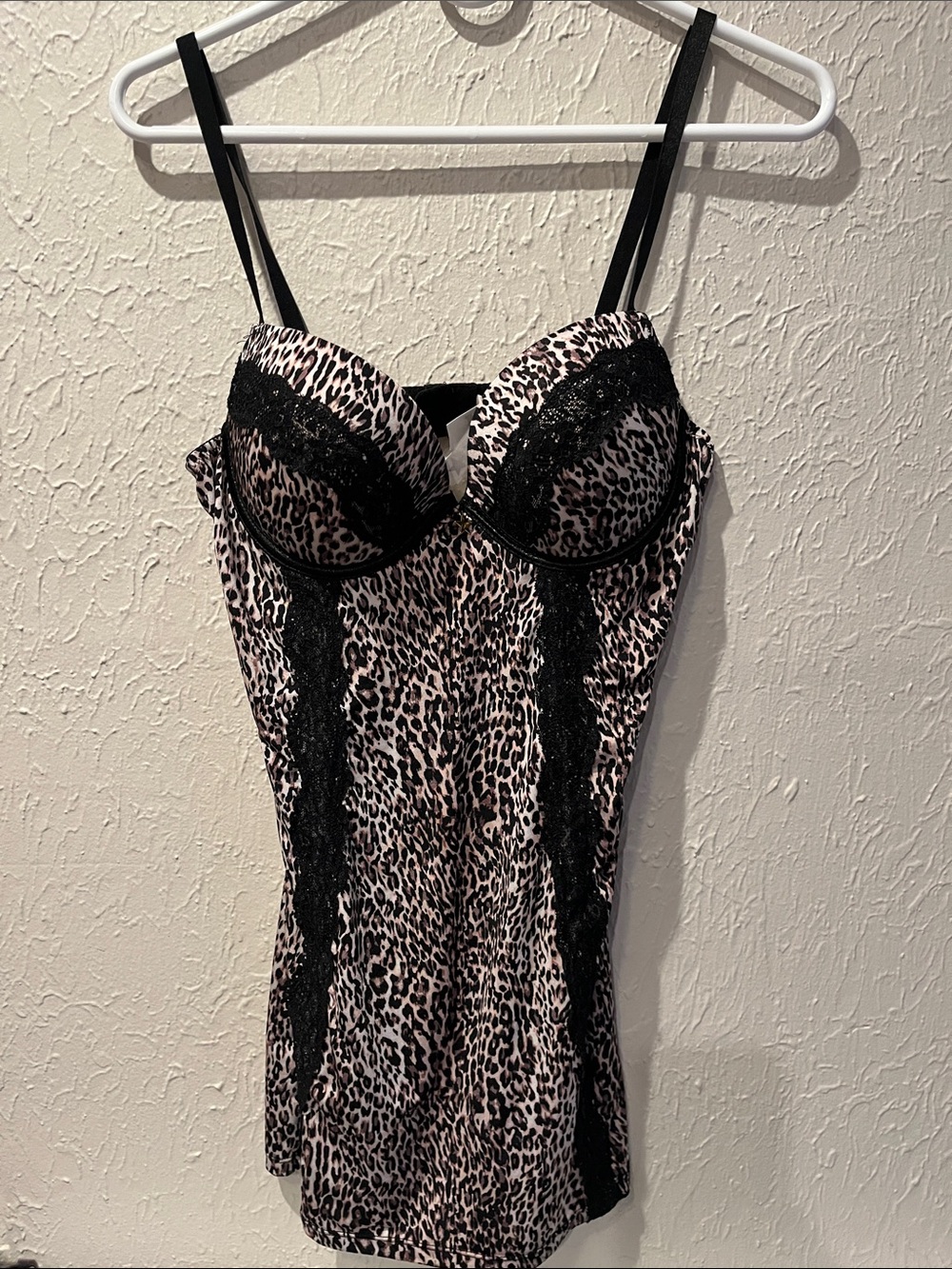 FAME Fredericks of Hollywood medium Leopard Lace Bustier Slip Dress Black Beige